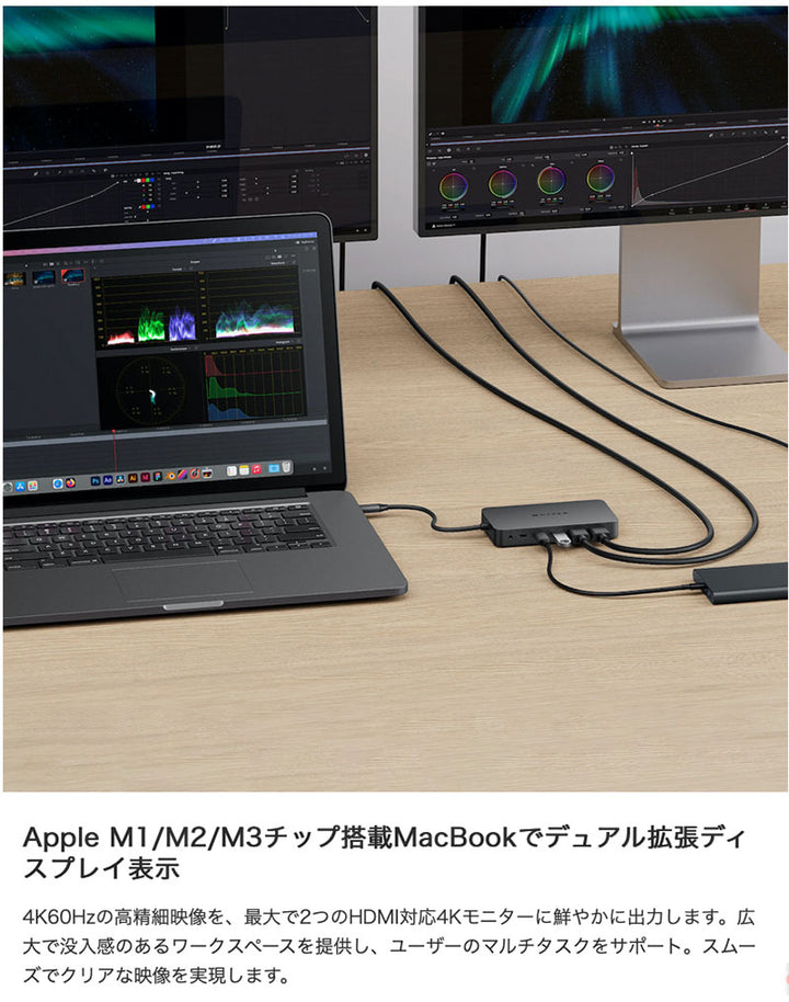 HYPER++ HyperDrive Next Dual 4K HDMI 7 Port USB-C ハブ PD対応 急速充電 USB3.2 10Gbps USB-A 高速データ転送 3.5mmオーディオジャック