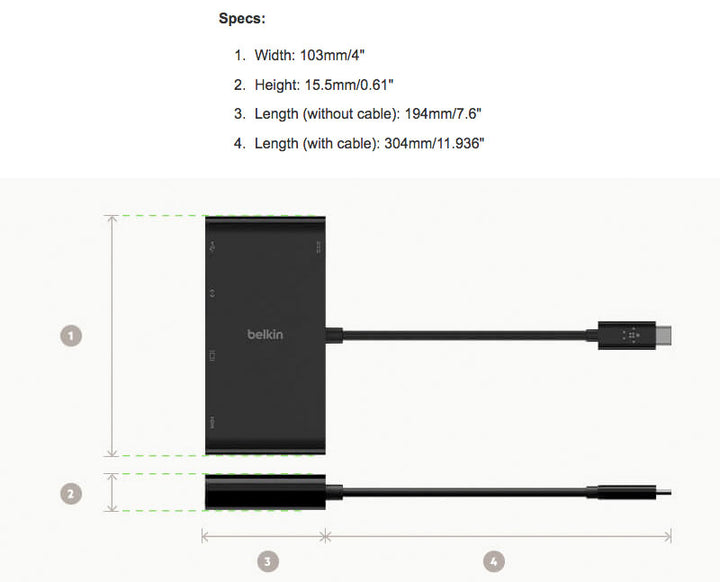BELKIN USB-C マルチメディア + USB-C 100W PD対応 変換アダプタ(LANポート、HDMI、VGA, USB-A、USB-C)