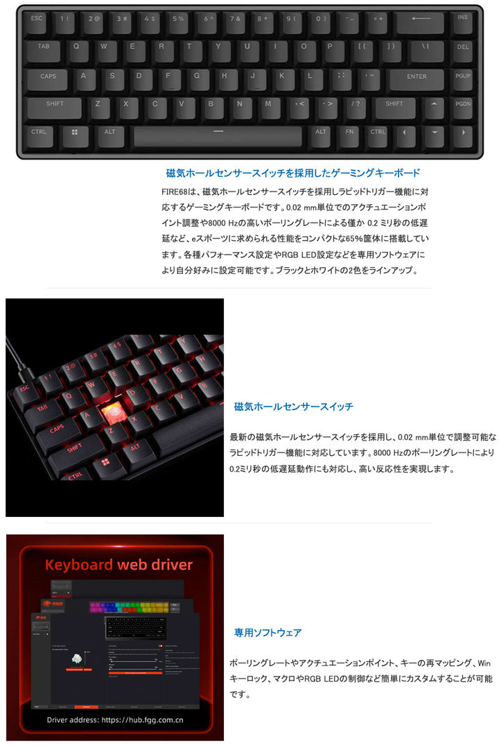 VXE MADLIONS FIRE68 US配列 EverFree製 磁気ホールセンサースイッチ テンキ―レス65% ゲーミングキーボード 磁気スイッチ 8000 Hz ラピッドトリガー