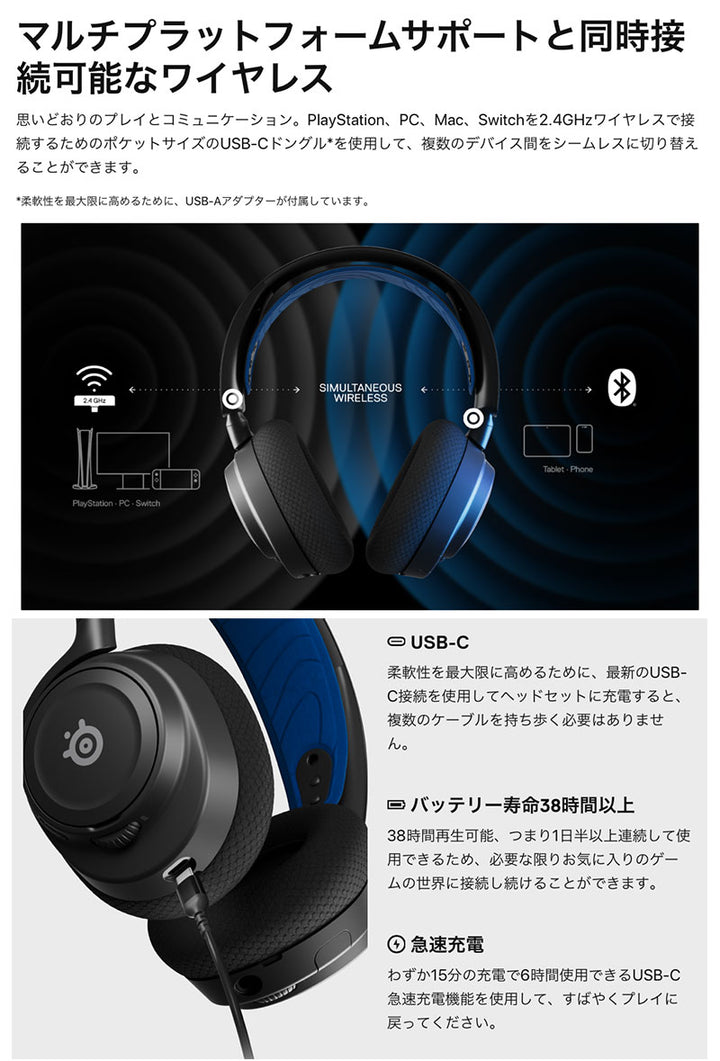 SteelSeries Arctis Nova 7P Wireless 有線 / 2.4GHz / Bluetooth 5.0 両対応 PlayStation 5専用 ゲーミングヘッドホン