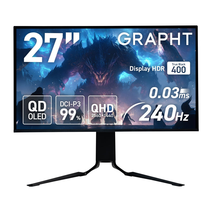 Team GRAPHT Gaming Monitor  27インチ ゲーミングモニター WQHD (2560×1440) QD-OLED パネル搭載    応答速度0.03ms  240Hz 縦横回転 高さ調整 DisplayPort HDMIx2 DCI-P3 Adobe RGB sRGB ディスプレイ