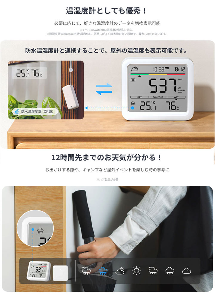 SwitchBot CO2センサー 温湿度計 デジタル 二酸化炭素計 スタンド 天気予報 時計 卓上 スマートハウス IoT
