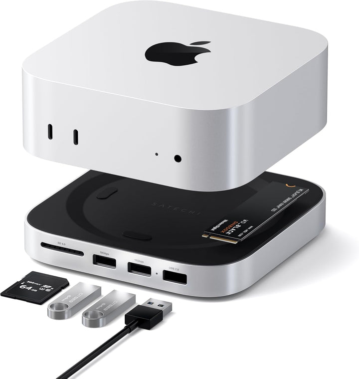Satechi MAC MINI M4 ハブ & スタンド NVMe SSD エンクロージャー搭載(2230/2242/2260/2280)  M4 Mac Mini モデル対応 10Gbps USB-A x2/USB-Aデータポート/ UHS-II 対応 SDカードリーダー