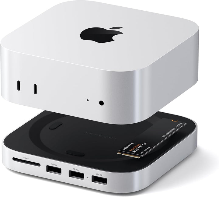 Satechi MAC MINI M4 ハブ & スタンド NVMe SSD エンクロージャー搭載(2230/2242/2260/2280)  M4 Mac Mini モデル対応 10Gbps USB-A x2/USB-Aデータポート/ UHS-II 対応 SDカードリーダー