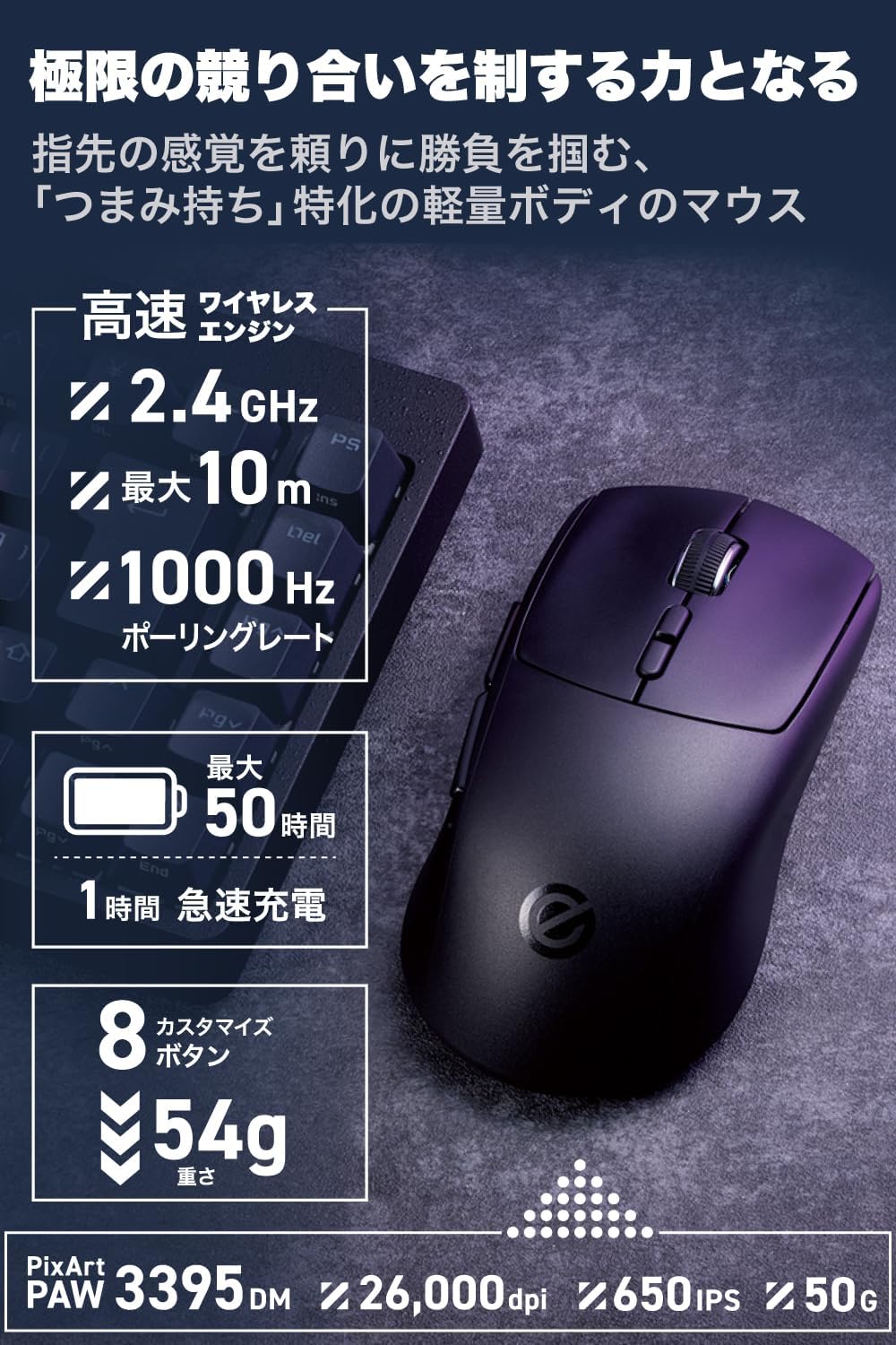 エレコム ゲーミングマウス V custom VM610 無線2.4GHz 26000DPI 650IPS 50G 距離センサー搭載 つまみ持ち特化 54g軽量設計 充電式 ブラック