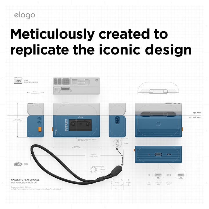 elago AirPods Pro 第2世代 CASSETTE PLAYER CASE カセットプレーヤー風 ストラップ付きケース Blue