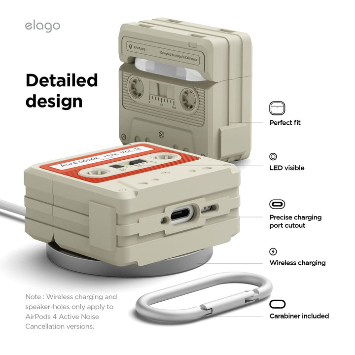 elago AirPods 4 CASETTE TAPE HANG CASE カラビナ付き シリコンケース Classic White Red