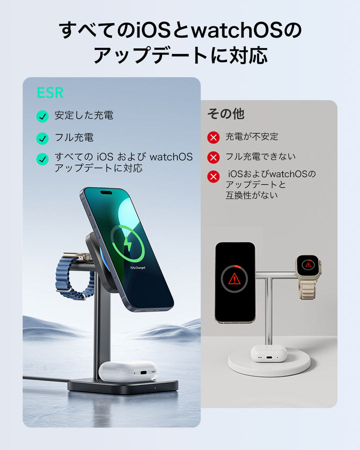 ESR Qi2 3-in-1 Watch Wireless Charging with CryoBoost 最大25W Black  MagSafe対応 ワイヤレス充電器 iPhone AirPods Apple Watch  対応