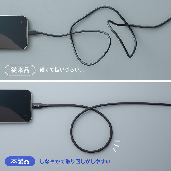 SANWA USB2.0 Type-C シリコンケーブル 充電ケーブル PD240W 通信ケーブル