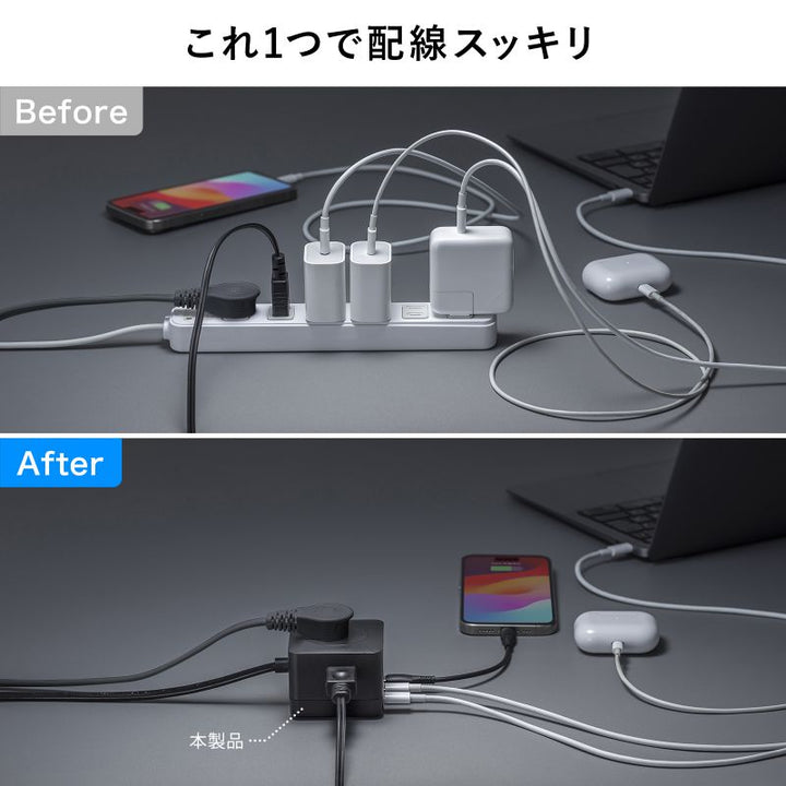 SANWA 電源タップ USB Type-C AC 3個口×2 PD対応 GaN PD67W 2m ブラック