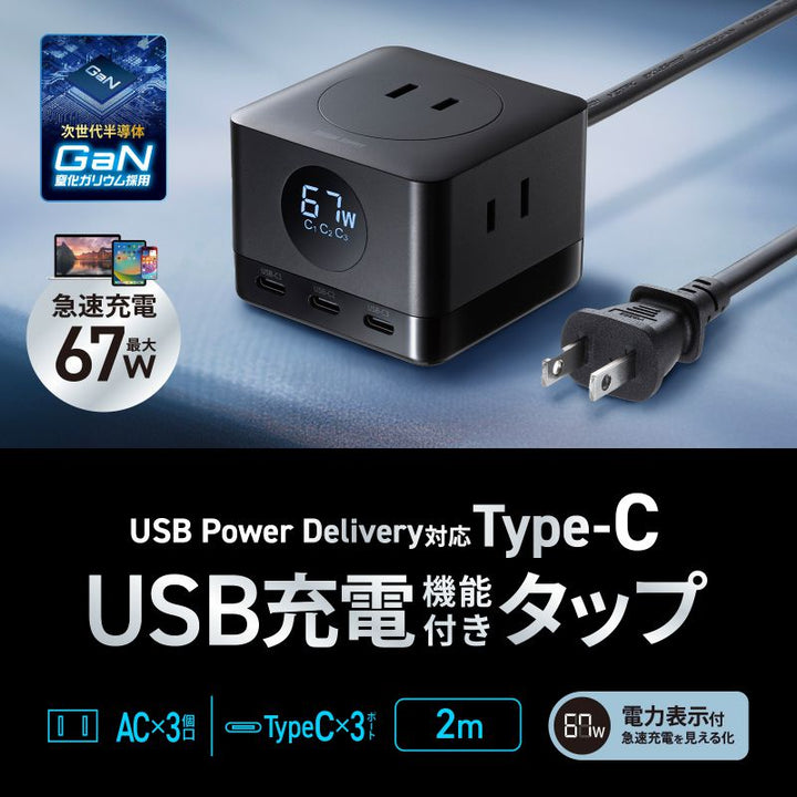 SANWA 電源タップ USB Type-C AC 3個口×2 PD対応 GaN PD67W 2m ブラック
