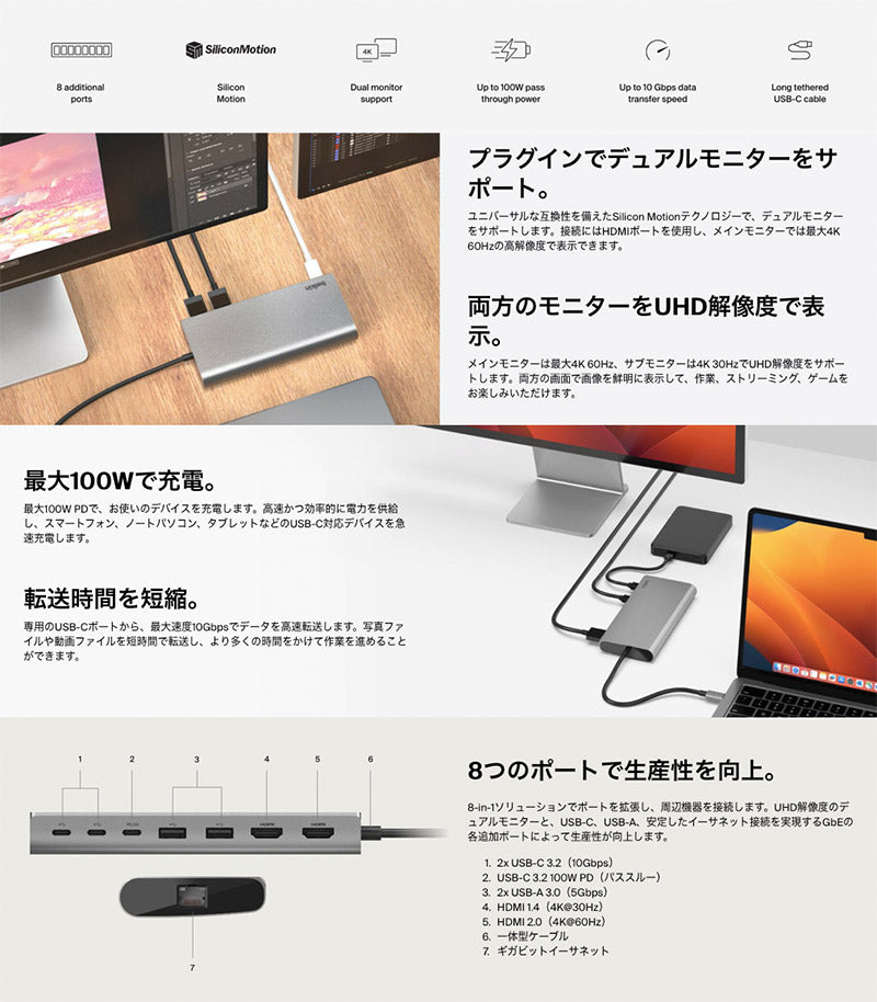 BELKIN CONNECT ユニバーサル USB Type-C 8-in-1 PD対応 デュアルディスプレイコアハブ