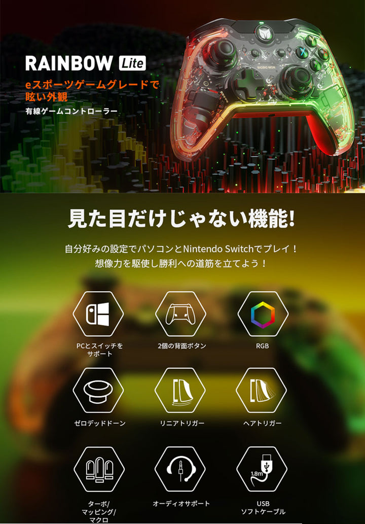 BIGBIG WON RAINBOW S / RAINBOW Lite有線ゲームコントローラー Nintendo Switch / Windows対応 スケルトンデザイン
