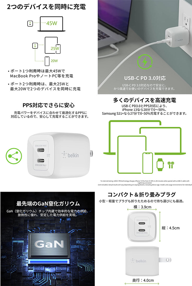 BELKIN BOOST↑ CHARGE PRO USB Type-C 2ポート 最大45W PPS / PD対応 ウォールチャージャー