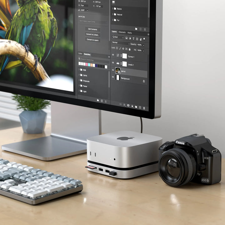 Satechi MAC MINI M4 ハブ & スタンド NVMe SSD エンクロージャー搭載(2230/2242/2260/2280)  M4 Mac Mini モデル対応 10Gbps USB-A x2/USB-Aデータポート/ UHS-II 対応 SDカードリーダー