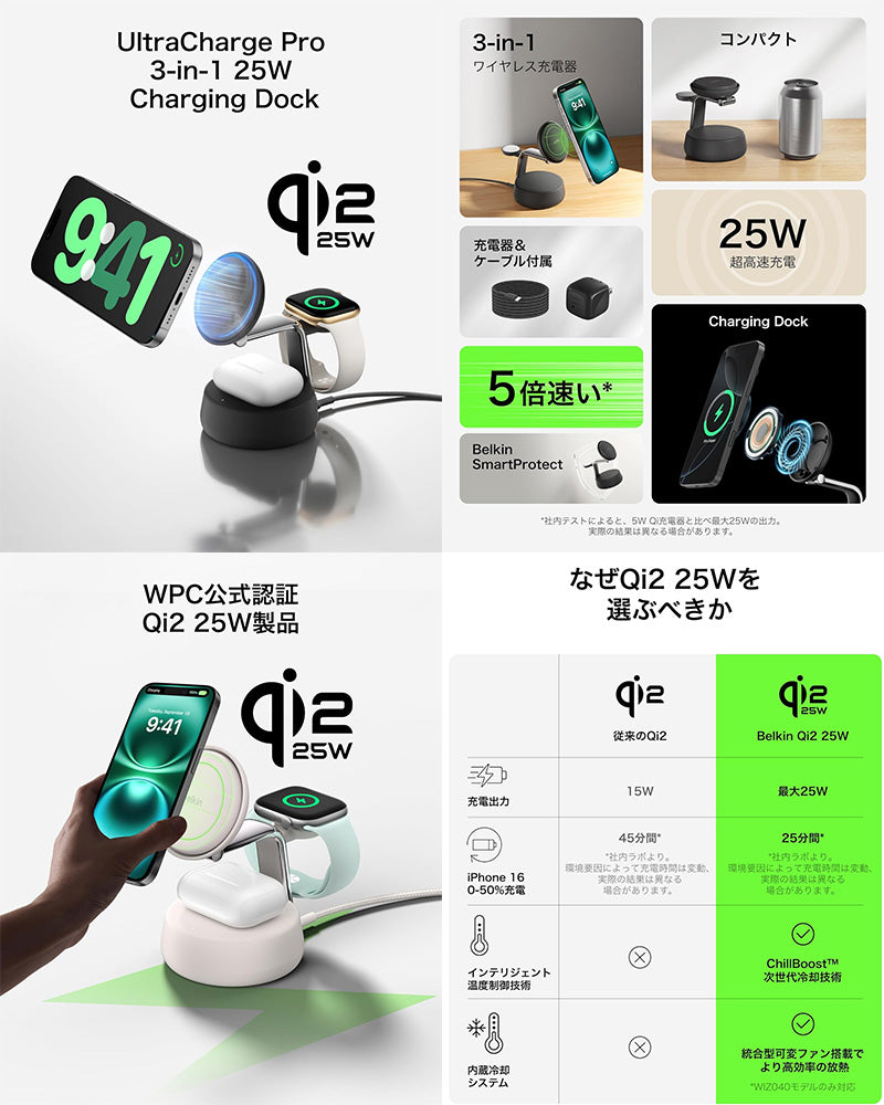 BELKIN Qi2 25W 3-in-1 マグネット式充電ドック MagSafe対応