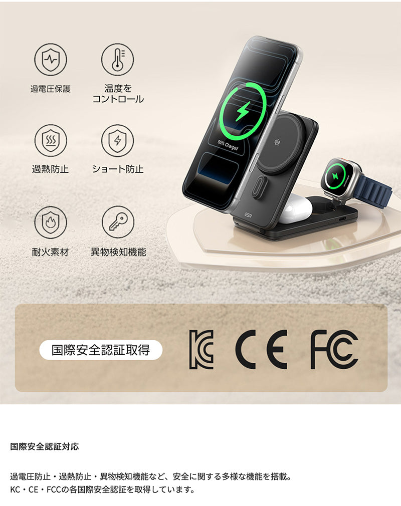 ESR Qi2.2 25W認証 3in1マグネット式 折りたたみ充電ステーション