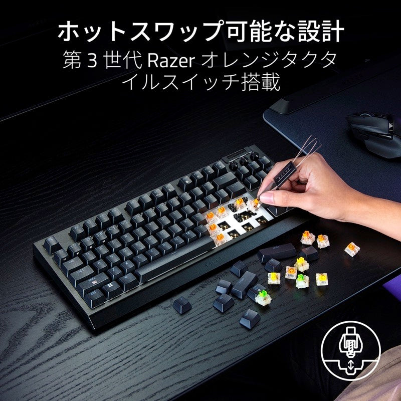 Razer BlackWidow V4 TKL HyperSpeed EVANGELION (EVA-02) Edition Orange Switch 英語配列  有線 / Bluetooth / 2.4GHz ワイヤレス 両対応 オレンジ軸 ホットスワップ対応 メディアキー/ローラー＆マクロキー搭載 メカニカル ゲーミングキーボード 『エヴァンゲリオン』コラボ テンキーレスワイヤレスゲーミングキーボード