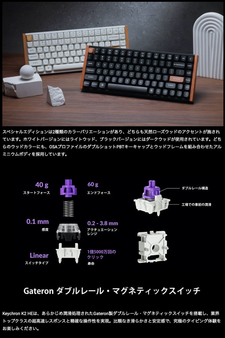 Keychron K2 HE ワイヤレス カスタムキーボード  日本語配列 スペシャルエディション Gateronダブルレール・マグネットスイッチ Nebula ラピッドトリガー マグネットスイッチ搭載 QMK キークロン