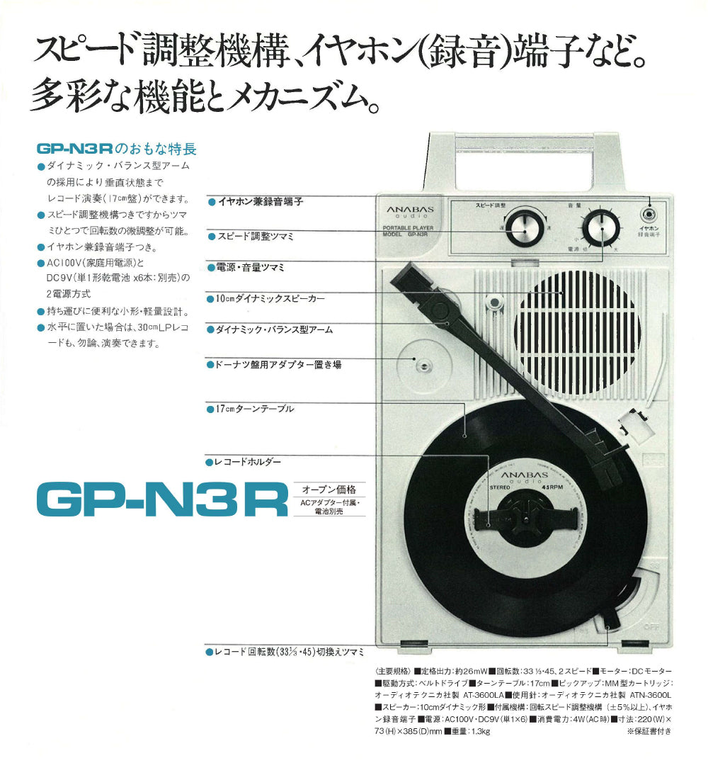 ANABAS AUDIO GP-N3R フリースタイル ポータブル レコードプレーヤー　スピーカー付き