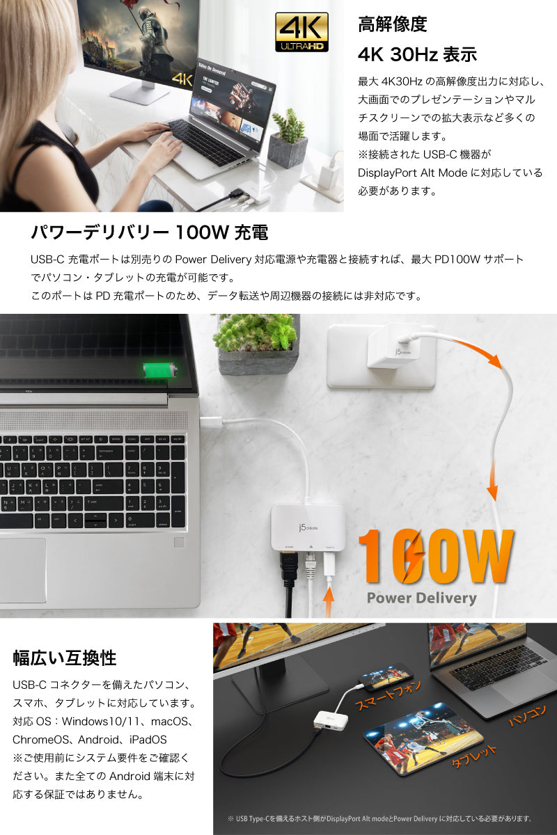 j5 create USB Type-C イーサネット 3in1 マルチアダプター 4K 30Hz HDMI / ギガビット有線LAN / USB Type-C PD対応 100W 充電専用ポート搭載 ホワイト