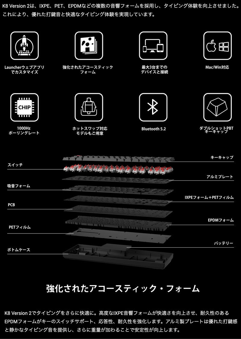 Keychron K8 Version 2  日本語配列 ワイヤレスカスタムメカニカルキーボード | テンキーレス | Keychron Super スイッチ | シャインスルーキーキャップ