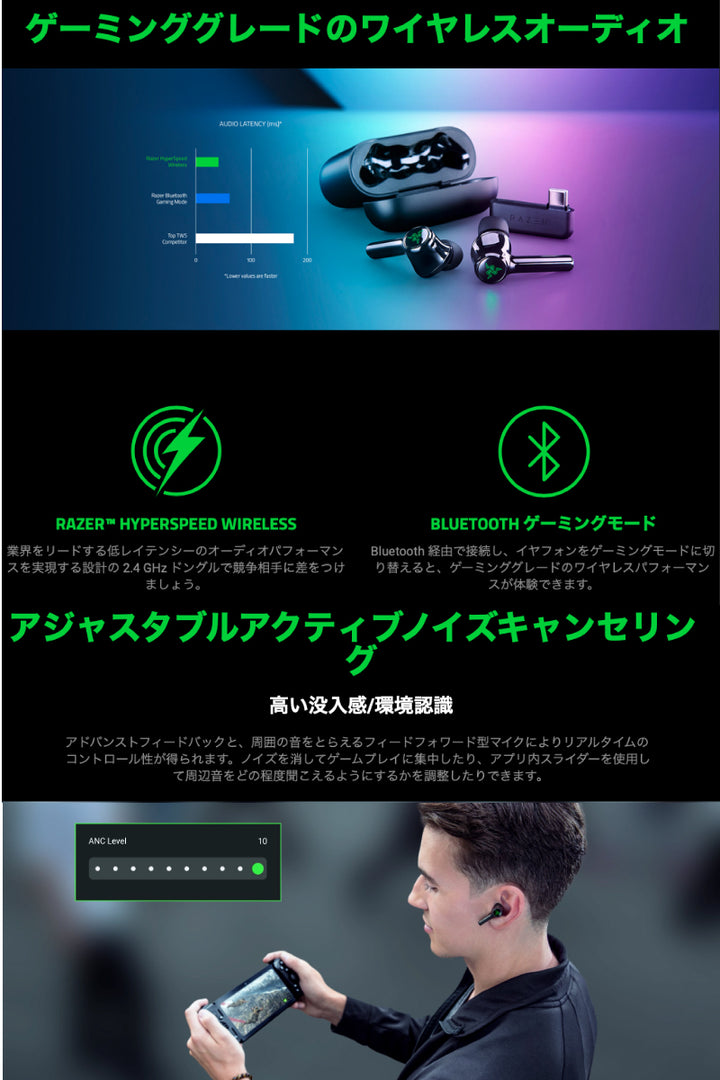 Razer Hammerhead Pro HyperSpeed 完全ワイヤレス Bluetooth 5.3 / 2.4GHz ワイヤレス 両対応 ゲーミングイヤホン ブラック