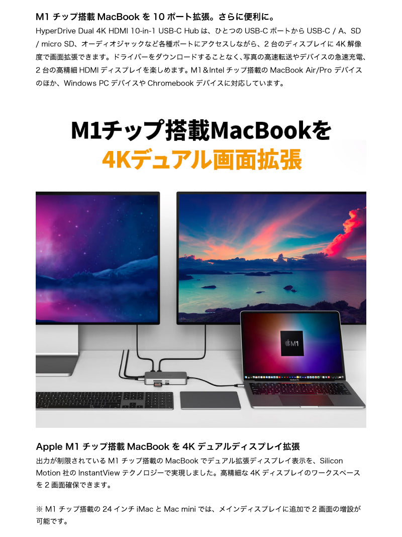 HYPER++ HyperDrive デュアル 4K 60Hz / 30Hz HDMI - USB Type-C 10in1 ハブ 100W パススルー充電 PD対応