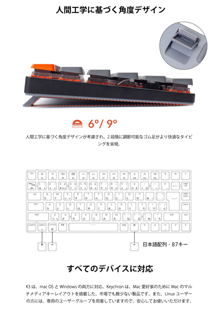 Keychron K3 V2 有線 / Bluetooth 5.1 ワイヤレス 両対応 テンキーレス ロープロファイル Keychron メカニカルキーボード