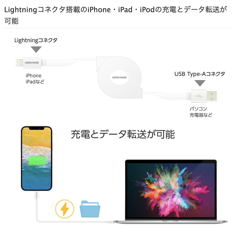 GreenHouse USB Type-A to Lightning 巻き取り式 充電 データ転送ケーブル 1.0m