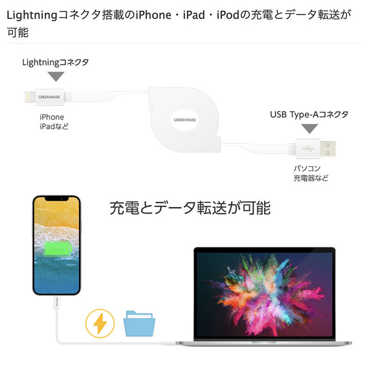 GreenHouse USB Type-A to Lightning 巻き取り式 充電 データ転送ケーブル 1.0m