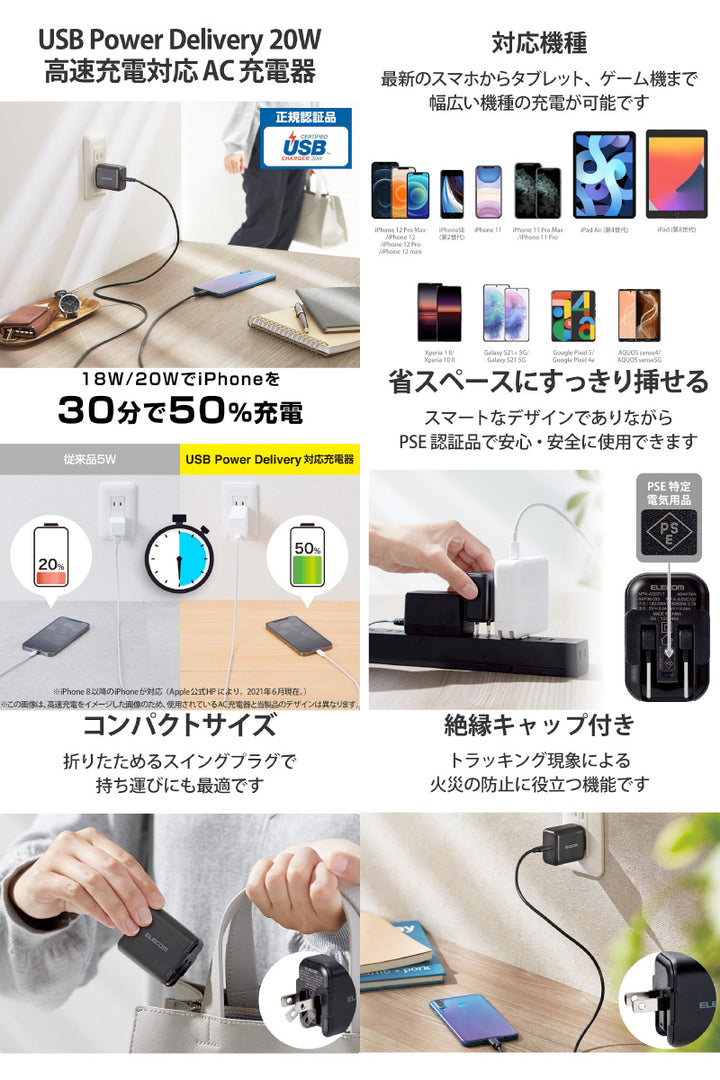 エレコム 20W USB AC充電器 PD対応 USB Type-C 1ポート ホワイトフェイス