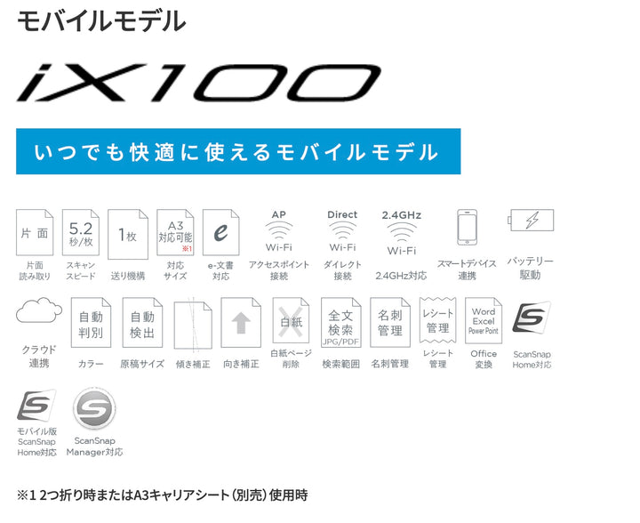 PFU ScanSnap　ドキュメントスキャナー iX100 2年保証付モデル 【台数限定価格】