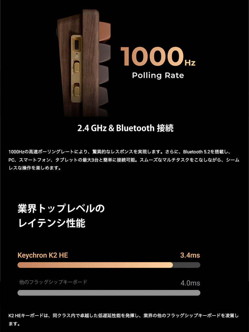 Keychron K2 HE オールウッドスペシャルエディション マグネットスイッチ搭載 Bluetooth 5.2 / 2.4GHz ワイヤレス テンキーレス ホットスワップ Gateron ダブルレール Nebula RGB カスタムキーボード