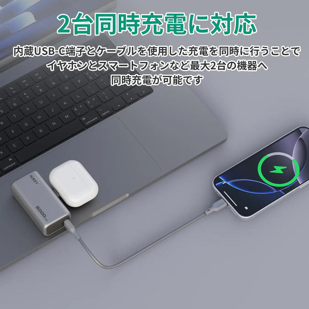 AUKEY モバイルバッテリー Spark Mini 5000mAh PD対応 20W 直挿し 折りたたみスタンド USB-C 2ポート 出力 USB-C 2ポート入力 グレー