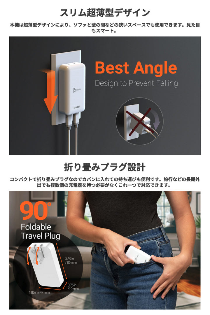 j5 create USB Type-C 65W 2ポート GaN スリム USB PD対応 急速充電器 ホワイト