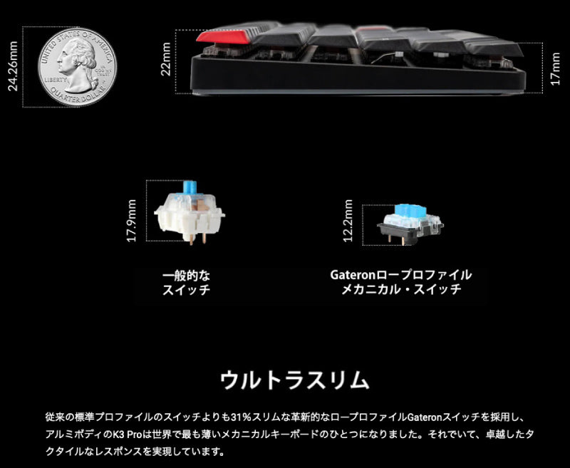 Keychron K3 Pro QMK/VIA 有線 / Bluetooth 5.1 ワイヤレス 両対応 テンキーレス Gateron ロープロファイル メカニカルキーボード