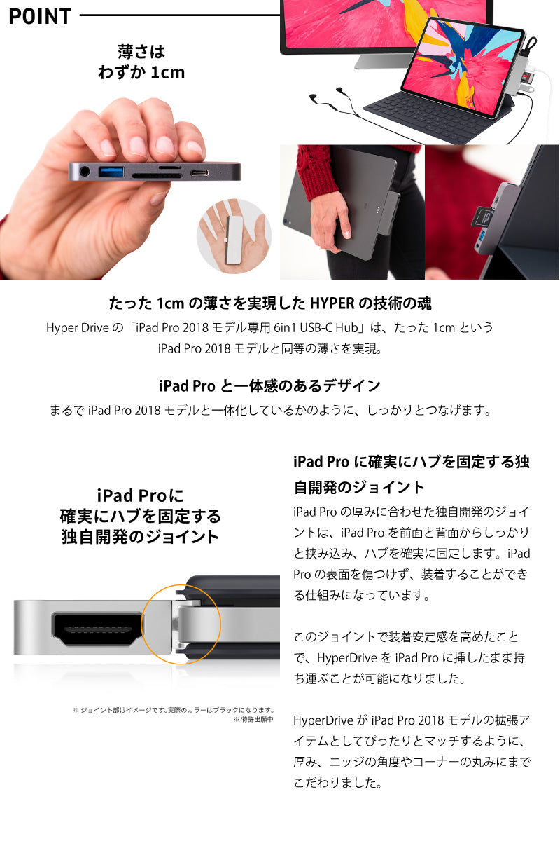 HYPER++ HyperDrive iPad Pro 6-in-1 USB-C Hub PD対応 HDMI SD / micro SD 3.5mmオーディオ USBハブ