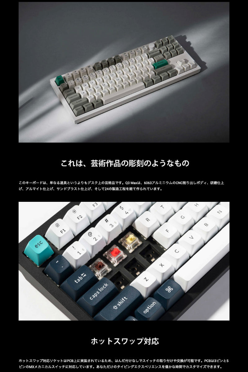 Keychron Q3 Max QMK/VIA 有線 / Bluetooth 5.1 ワイヤレス 両対応 テンキーレス ホットスワップ Gateron Jupiter RGBライト カスタムメカニカルキーボード ノブバージョン