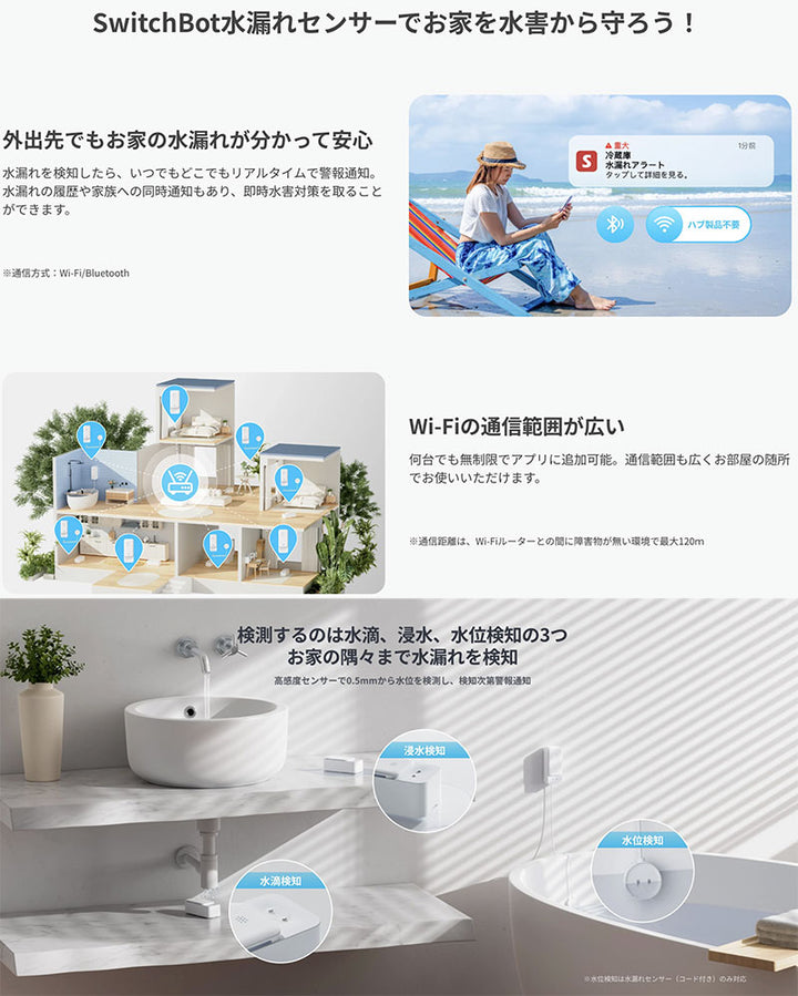 SwitchBot 水漏れセンサー (コード付き) IP67防水