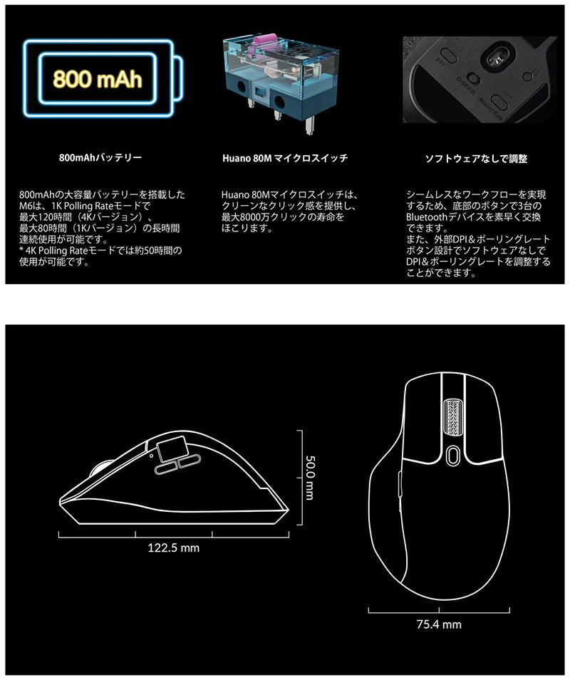 Keychron M6 ワイヤレスマウス オール静音マイクロスイッチ 有線 / Bluetooth 5.1 / 2.4GHz ワイヤレス対応 USB A / Type-C レシーバー付属 PixArt 3311
