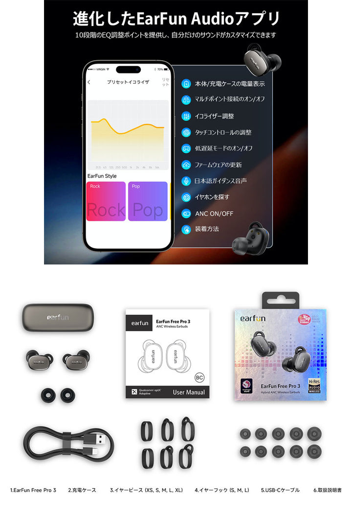 EarFun Free Pro 3 アクティブノイズキャンセリング搭載 完全ワイヤレスイヤホン Bluetooth5.3