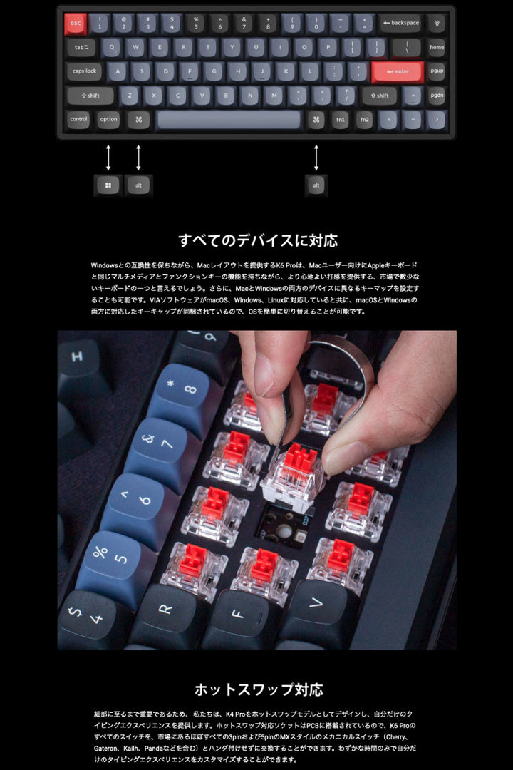 Keychron K6 Pro QMK/VIA Mac日本語配列 有線 / Bluetooth 5.1 ワイヤレス 両対応 テンキーレス ホットスワップ Keychron K Pro 71キー RGBライト メカニカルキーボード