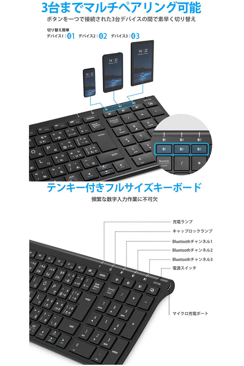 iClever Bluetooth 5.1 ワイヤレスキーボード 日本語配列 テンキー付き BK22