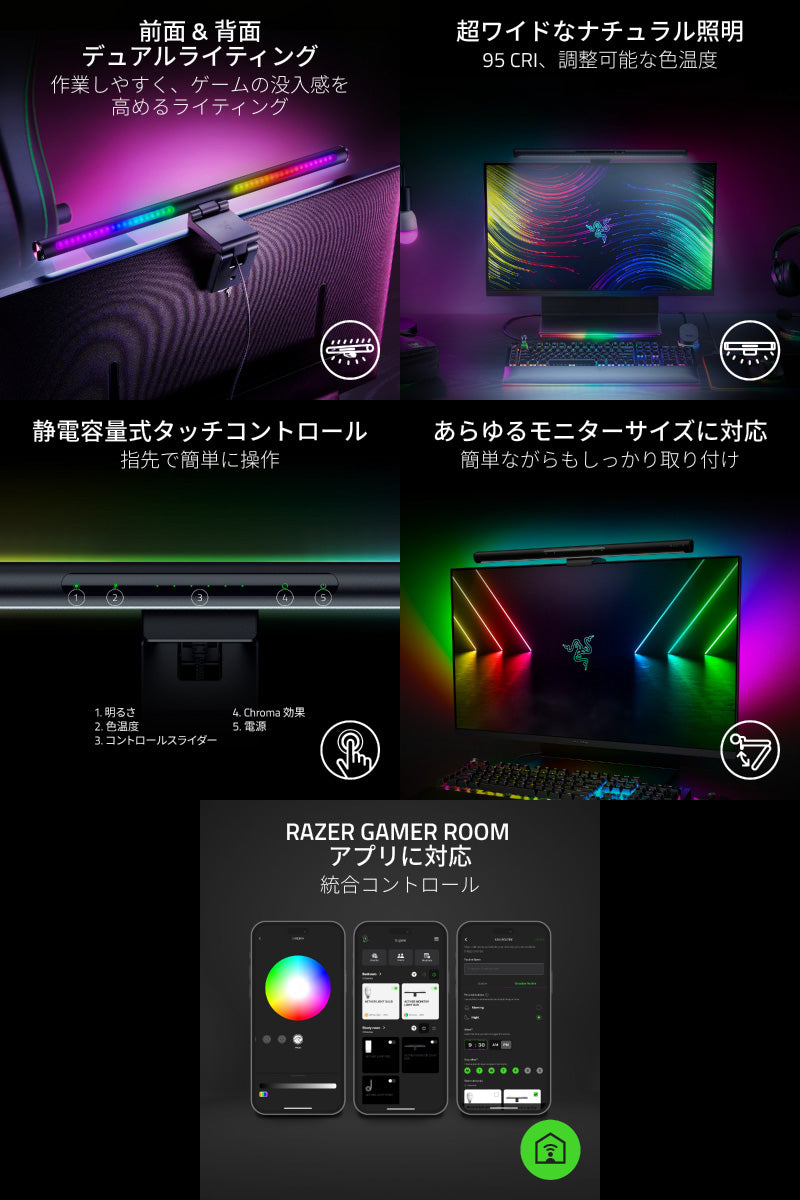 Razer Aether Monitor Light Bar ゲーミングルーム用 Matter対応 モニターライトバー 前面白色LED / 背面RGB LED