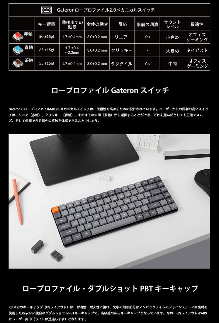 Keychron K3 Max QMK/VIA Mac日本語配列 有線 / Bluetooth 5.1 ワイヤレス 両対応 テンキーレス Gateron ロープロファイル 2.0 White LED メカニカルキーボード