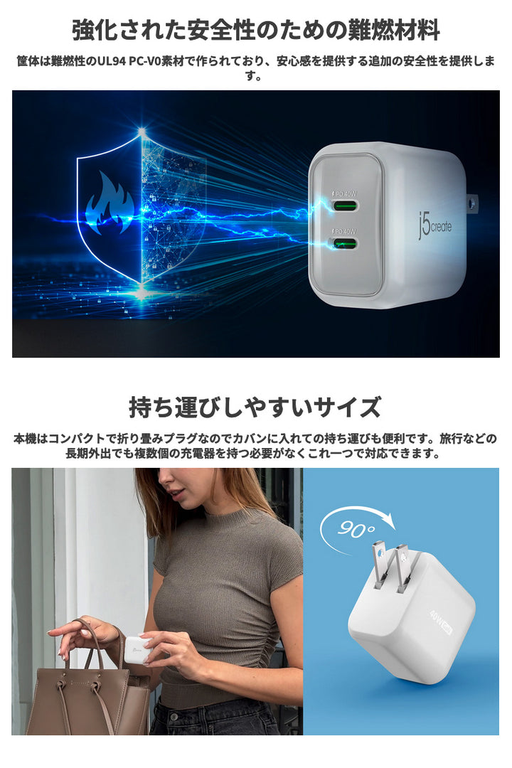 j5 create USB Type-C 40W 2ポート GaN スリム USB PD対応 急速充電器 ホワイト