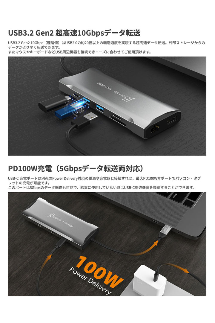 j5 create USB Type-C 3.2 Gen2 4K 60Hz 11in1 PD対応 トリプルディスプレイ マルチアダプター