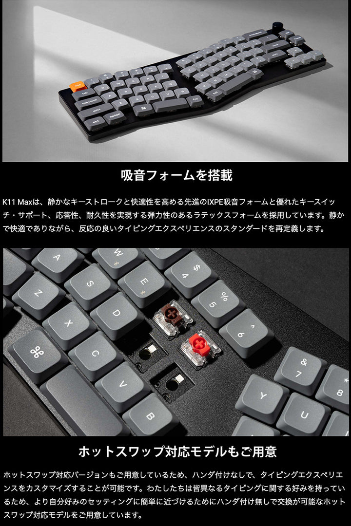 Keychron K11 Maxカスタムメカニカルキーボード 日本語配列 Aliceレイアウト QMK 有線 / Bluetooth 5.1 / 2.4GHz ワイヤレス 両対応 テンキーレス Gateron ロープロファイル MX 2.0 PBTダブルショットキーキャップ  Mac / Windows対応