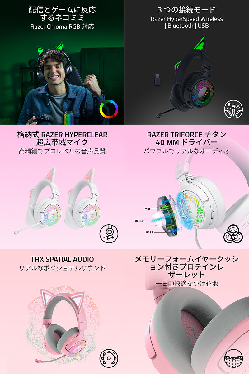 Razer Kraken Kitty V3 Pro Bluetooth / 2.4GHz ワイヤレス / 有線 両対応 ゲーミング用 ワイヤレス RGB ネコミミヘッドセット